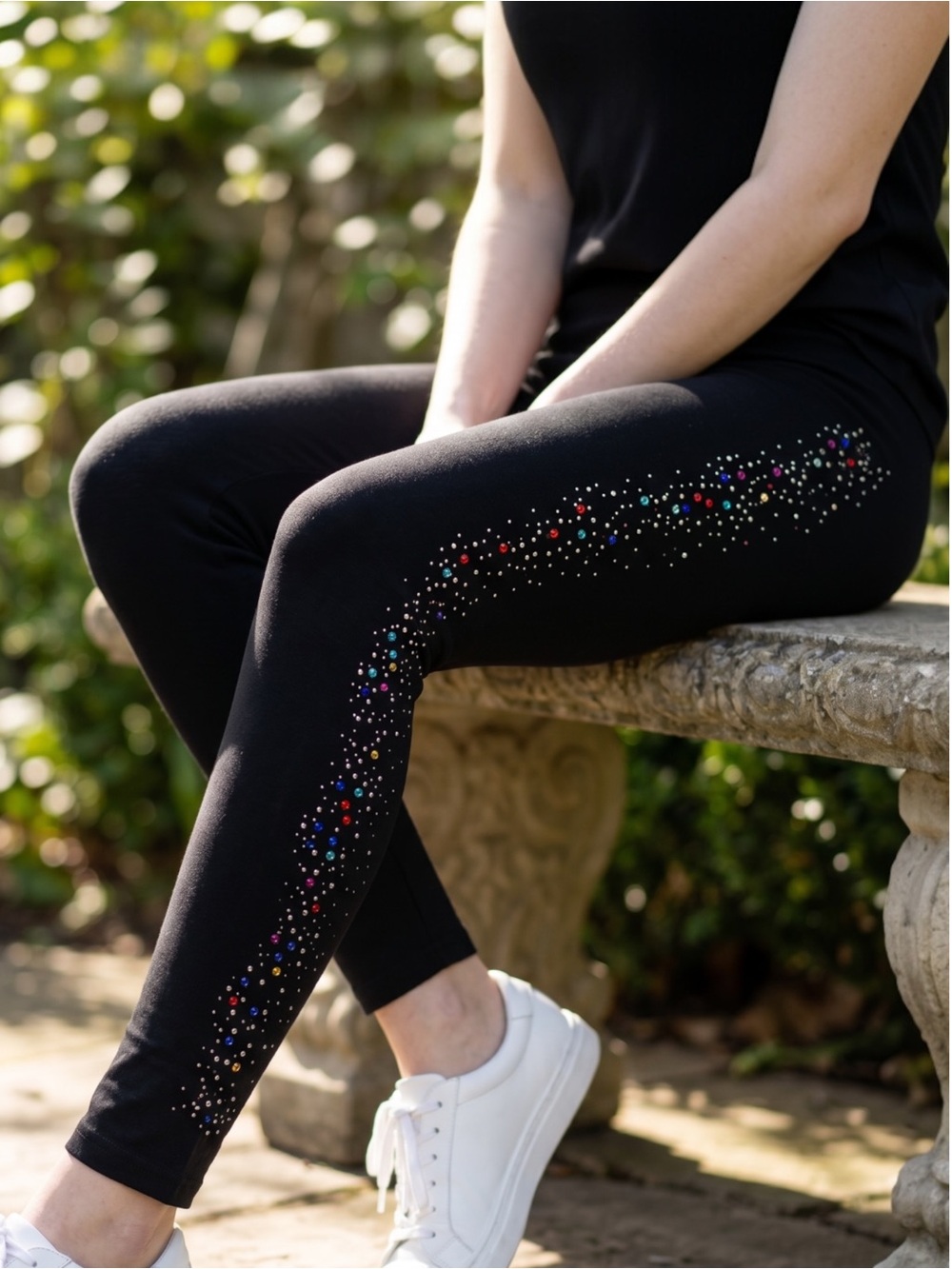 Black Rainbow Rhinestone Leggings LG XL Y2K Bling Stretch